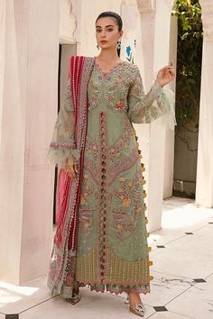 Buy Pakistani Party Dresses-Zara Shahjahan Pakistani Long Gown Online 2021-Pakistani Party Wear With Sequins, Thread, Dabka, Tila, Kora, Stones Embroidery In USA, UK, Canada, Australia Visit Now : www.NameerabyFarooq.com or Call / Whatsapp : +1 732-910-5427 Front Open Gown, Party Wear Pakistani, How To Style Culottes, Zara Shahjahan, Fine Embroidery, Luxury Pret, Organza Shirt, Silk Trousers, Pakistani Dress Design