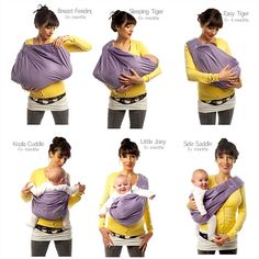 a woman holding a baby in a purple and yellow wrap around it's back