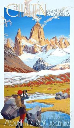 an advertisement for the mountain range in chile, with two people looking at mountains and snow covered