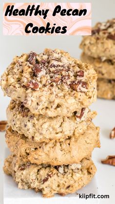 healthy pecan cookies stacked on top of each other