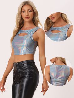 Shop Allegra K for metallic shiny sleeveless cut out party holographic tank crop top you are looking for, get more women's tanks & camis for yourelf. Order now! Free Returns! Holographic Crop Top, Romantic Frame, Female Features, Club Scene, Holographic Blue, Female Design, Tank Crop Top, Turquoise Blue Color, Hot Top