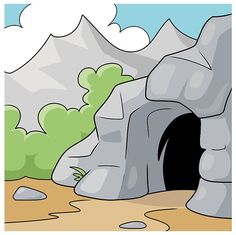 an image of a cave in the ground with trees and mountains behind it that is filled with rocks