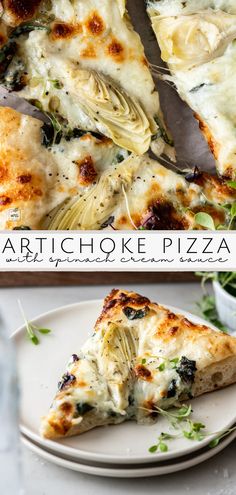 two slices of artichoke pizza sitting on top of a white plate next to each other