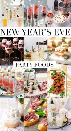 new year's eve party food collage with drinks and desserts on the table