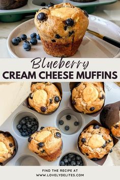 blueberry cream cheese muffins are sitting on a plate