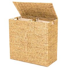 an empty wicker storage box on a white background