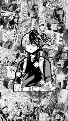 an anime character surrounded by many different characters and their names in black and white ink