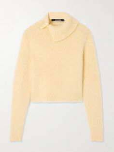 Jacquemus' 'Marina' sweater is knitted with touches of mohair and wool for a brushed handle. It's cut for a slightly cropped silhouette and is detailed with an asymmetric toggle at the layered collar. Wear it with denim for an effortless pop of color. Knitted Turtleneck, Flat Dress Shoes, Exclusive Dress, Sport Swimwear, Sports Skirts, Grey Knit Sweater, Yellow Sweater, Wool Blend Sweater, Summer Hats