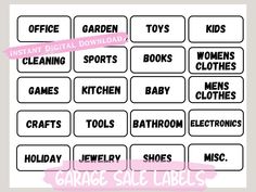 the printable labels for garage sale labels are in pink and white with black lettering