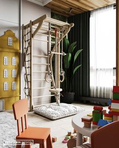 a child's play room with toys and furniture