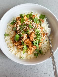 a white bowl filled with rice topped with meat and cilantro