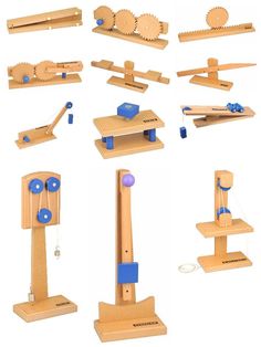 several wooden toys are shown with different shapes and materials to make them look like they're working on something out of wood