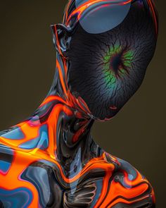 an alien looking man with green eyes and orange, blue, and red swirls on his body