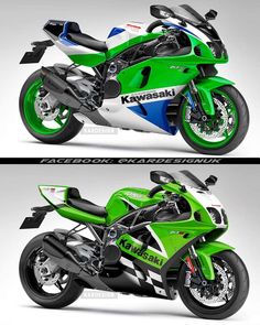 two different views of a green and white motorcycle