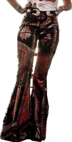 Bohemian Multicolor Flare Bottoms, Bohemian Printed Bottoms For Fall, Bohemian Flare Multicolor Bottoms, Multicolor Bohemian Flare Bottoms, Printed Bohemian Bottoms For Fall, Fall Bohemian Printed Bottoms, Fall Printed Bohemian Bottoms, Bohemian Stretch Printed Pants, Red Fitted Bohemian Pants