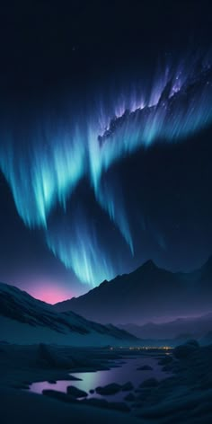 an aurora bore is seen in the night sky over mountains and water with bright lights