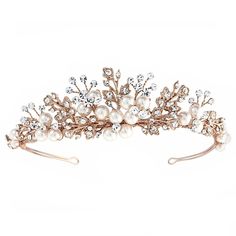 Rose Gold Floral Pearl and Crystal Wedding Tiara Rose Gold Wedding Accessories, Pearl Tiara Wedding, Crystal Wedding Tiaras, Crystal Bridal Tiaras, Silver Tiara, Pearl Tiara, Tiara Wedding, Gold Tiara, Bridal Accessories Jewelry