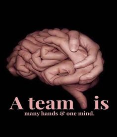 a poster with the words team is many hands and one mind, on black background