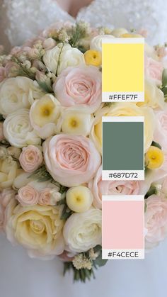 a bridal bouquet with pink, yellow and white flowers in the color palettes