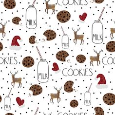 cookies and milk are on a white background with polka dots, which includes reindeers