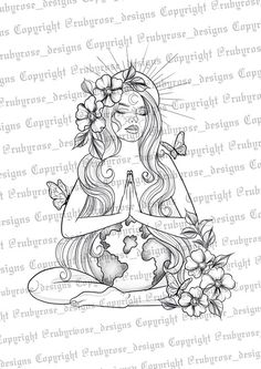 a drawing of a woman with flowers on her head and the earth in her hands