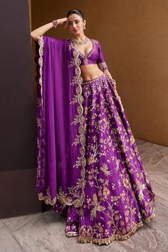 Purple attached cancan lehenga with sequin, beads and zardosi embroidery in fauna pattern and floral block print. Paired with an embroidered padded blouse and an embroidered scallop border dupatta. - Aza Fashions Sequin Lehenga, Cancan Lehenga, Lehenga And Blouse, Purple Lehenga, Scallop Border, Floral Block Print, Padded Blouse