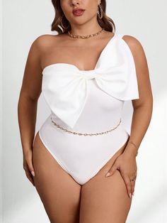 Plus Size Elegant Commute Workplace Knowledgeable High-End Venue Sophisticated Afternoon Tea Slight Sexy Date Music Concert One Shoulder Bow Detail Graceful Bodysuit White Casual  Sleeveless Knitted Fabric Plain Other Medium Stretch  Women Plus Clothing, size features are:Bust: ,Length: ,Sleeve Length: Feminine White Bodysuit For Party, Elegant Strapless Summer Bodysuit, Elegant Bodysuit For Club And Summer, Elegant Summer Club Bodysuit, Elegant Summer Bodysuit For Club, Elegant High-waist Swimwear, Elegant Strapless Swimwear For Party, Feminine Sleeveless Party Bodysuit, Elegant White High Waist Bodysuit