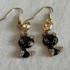 Brand New A458 Trendy Black Jewelry With Cat Design, Black Cat Design Drop Earrings, Black Cat Ears Earrings For Party, Casual Black Dangle Earrings, Casual Black Dangle Jewelry, Black Cat Earrings, Cat Earrings, Earrings Color, Gold Black