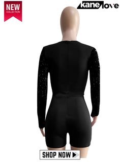 Women Spring Black Sequins Upper Long Sleeve Sexy Rompers Fitted Black Bodysuit With Sequins, Fitted Black Sequin Bodysuit, Black Fitted Jumpsuits And Rompers For Party Season, Black Stretch Jumpsuits And Rompers For Party Season, Black Stretch Jumpsuits And Rompers With Sequins, Black Stretch Sequined Jumpsuits And Rompers, Black Sequins, Hot Sale, Rompers