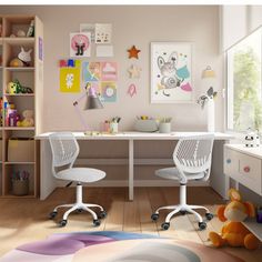 two children's desks with chairs in a child's playroom area