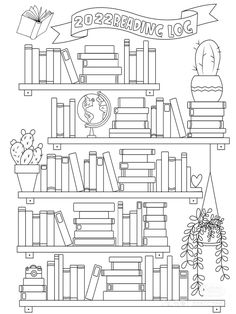 a book shelf with books and plants on it that reads, 2020 reading log coloring page