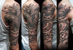 a man with a dragon tattoo on his arm and half sleeve is shown in three different views