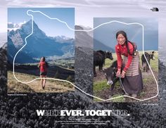 the woman is standing on top of a mountain with her horse and mountains in the background