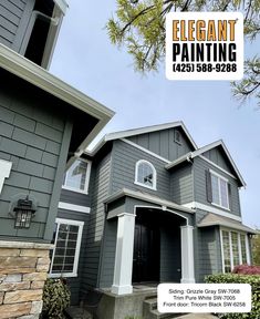 a gray house with white trim on the front and side windows is featured for elegant painting