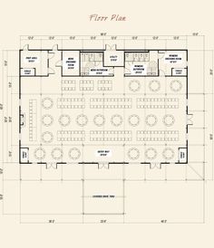 the floor plan for a restaurant with tables and chairs, an open air kitchen and dining area