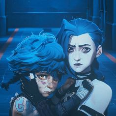 two people with blue hair are hugging each other