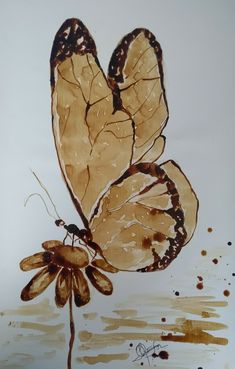 a painting of two butterflies on top of a flower with water drops around it and the bottom half of the butterfly is brown