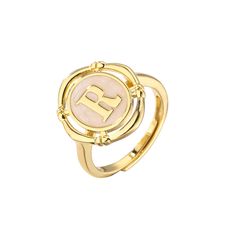 This personalized initial signet ring is the perfect way to show off your style and personality. Customize it with one of the 26 letters from A to Z and adjust the size to fit your finger. It's a signet ring that's sure to stand out with its enameled backing and raised letter. Show the world you're one-of-a-kind with this unique piece of jewelry. Adjustable Engraved Ring With Initials, Adjustable Gold Signet Ring With Monogram, Vintage Adjustable Initial Ring Personalized, Vintage Adjustable Personalized Initial Ring, Personalized Monogram Initial Ring, Personalized Adjustable Monogram Initial Ring, Adjustable Monogram Initial Ring For Personalized Gift, Personalized Adjustable Signet Open Ring, Personalized Adjustable Open Signet Ring