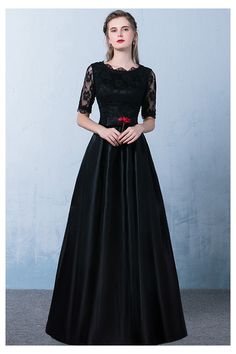 Shop modest black satin aline party dress with lace sleeves online. Sheprom offers formal, party, casual & more style dresses to fit your special occasions. Modest Black Dress, Party Dresses Black, Slavic Style, Dress Outfits Party, Elegant Wedding Guest Dress, Evening Dress Long, Formal Evening Gown, Dresses Satin, Long Cocktail Dress