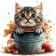 a painting of a kitten sitting in a pail with apples and leaves around it