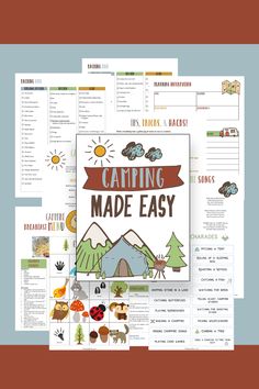 the camping made easy book is open on top of a table with an image of mountains and