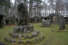 an old stone structure in the middle of a forest