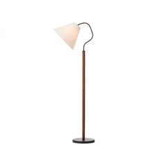 the floor lamp is made from wood and has a white shade on top of it