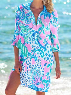 Women's Floral Print Long Sleeve Beach Shirt Dress Long Sleeve Mini Dress For Brunch During Beach Season, V-neck Shirt Dress For Beach Season, Shift Mini Dress For Beach In Summer, Long Sleeve Mini Dress For Brunch Beach Season, Long Sleeve Mini Dress For Brunch And Beach Season, V-neck Shirt Dress For Summer Beach, Casual Beach Shift Shirt Dress, Beach Long Sleeve Shift Mini Dress, Vacation V-neck Printed Shirt Dress