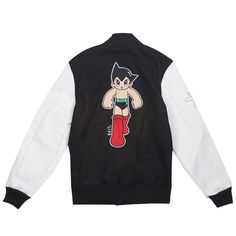 BAIT x Astro Boy Men Step Varsity Jacket (black / white) White College Track Jacket, White Sport Coat For Fall Streetwear, White Varsity Jacket For Streetwear, White Sporty Track Jacket For College, White Winter Sport Coat For Streetwear, Black Varsity Track Jacket For Streetwear, Urban Black Track Jacket For College, White Urban Varsity Jacket For Sports, Sporty Black Varsity Jacket For Streetwear