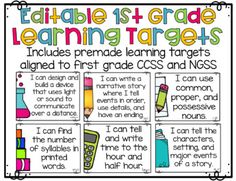 an editable set of learning targets for first grade students