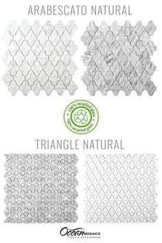 three different types of tile that are available in various colors and sizes, including white