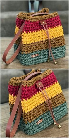 two pictures of the same handbag, one is multicolored and one has brown straps