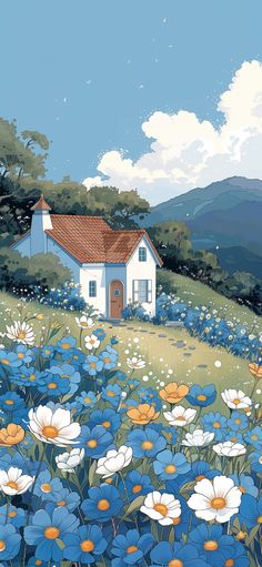 a house in the middle of a field full of blue and white flowers