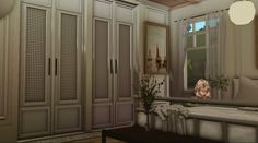 an animated image of a bedroom with large closets and a bed in the corner